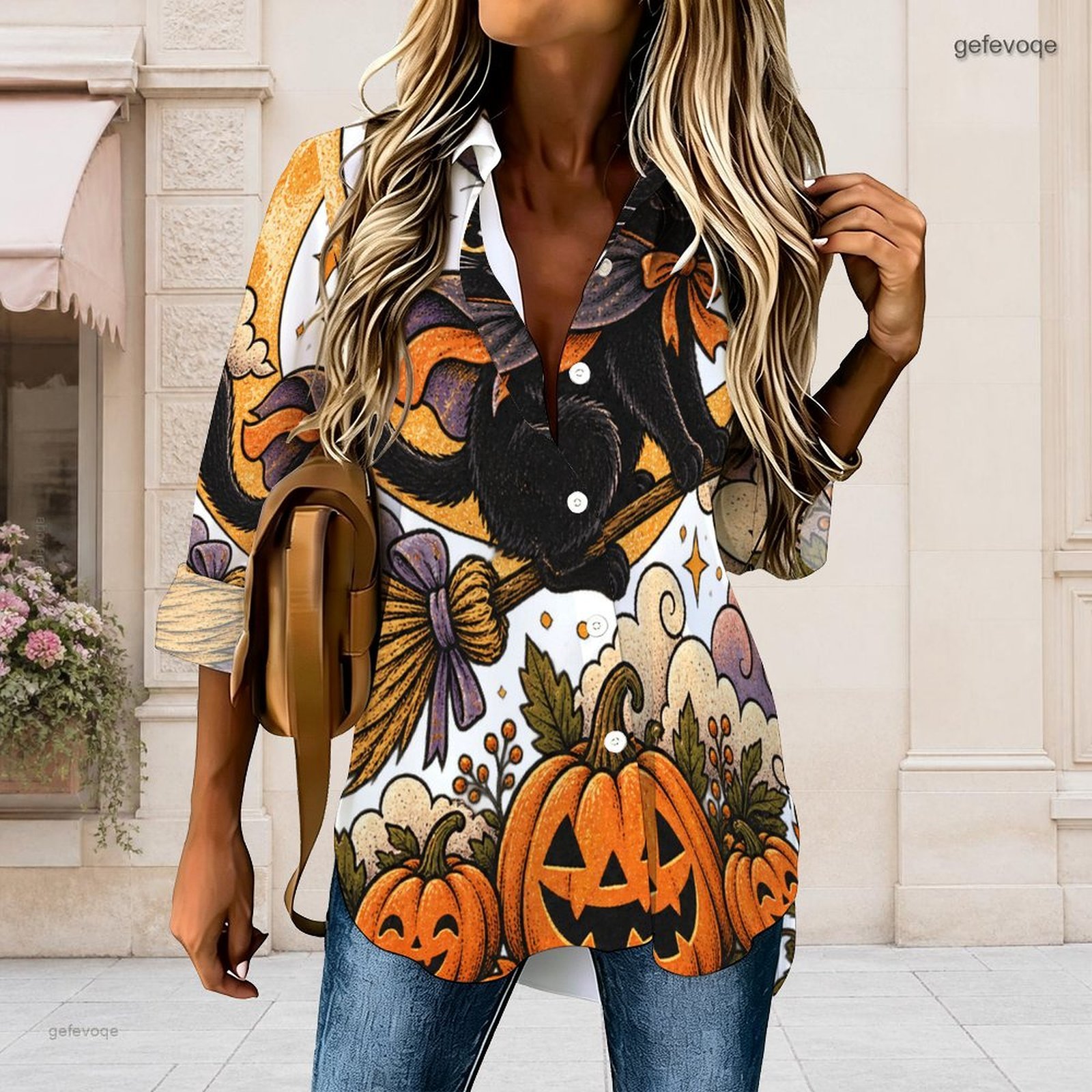 Pumpkin Lantern Halloween - 여성용 할로윈 프린트 셔츠, 검은 고양이,