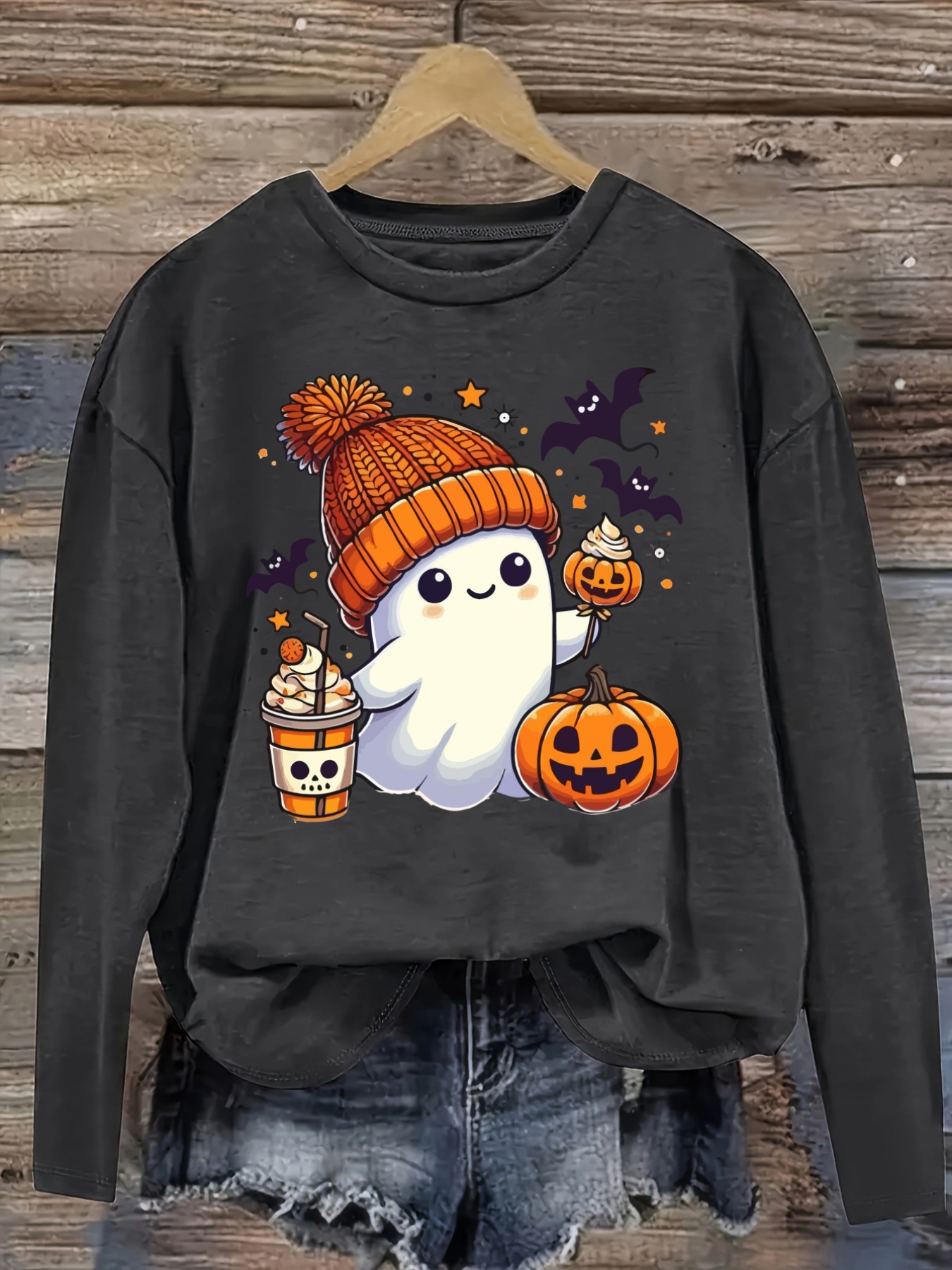 여성용 캐주얼 긴소매 크루넥 티셔츠, 귀여운 유령 할로 - Halloween Costume Adult 리뷰 및 가격