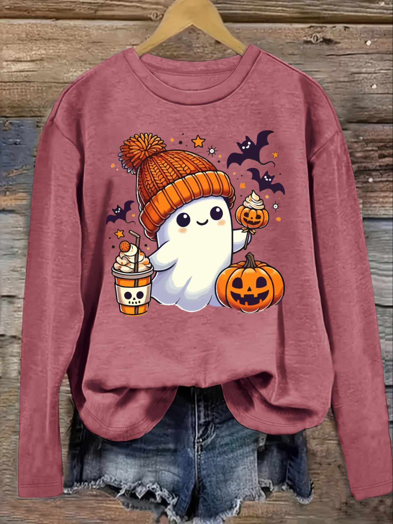 여성용 캐주얼 긴소매 크루넥 티셔츠, 귀여운 유령 할로 - Halloween Costume Adult 리뷰 및 가격