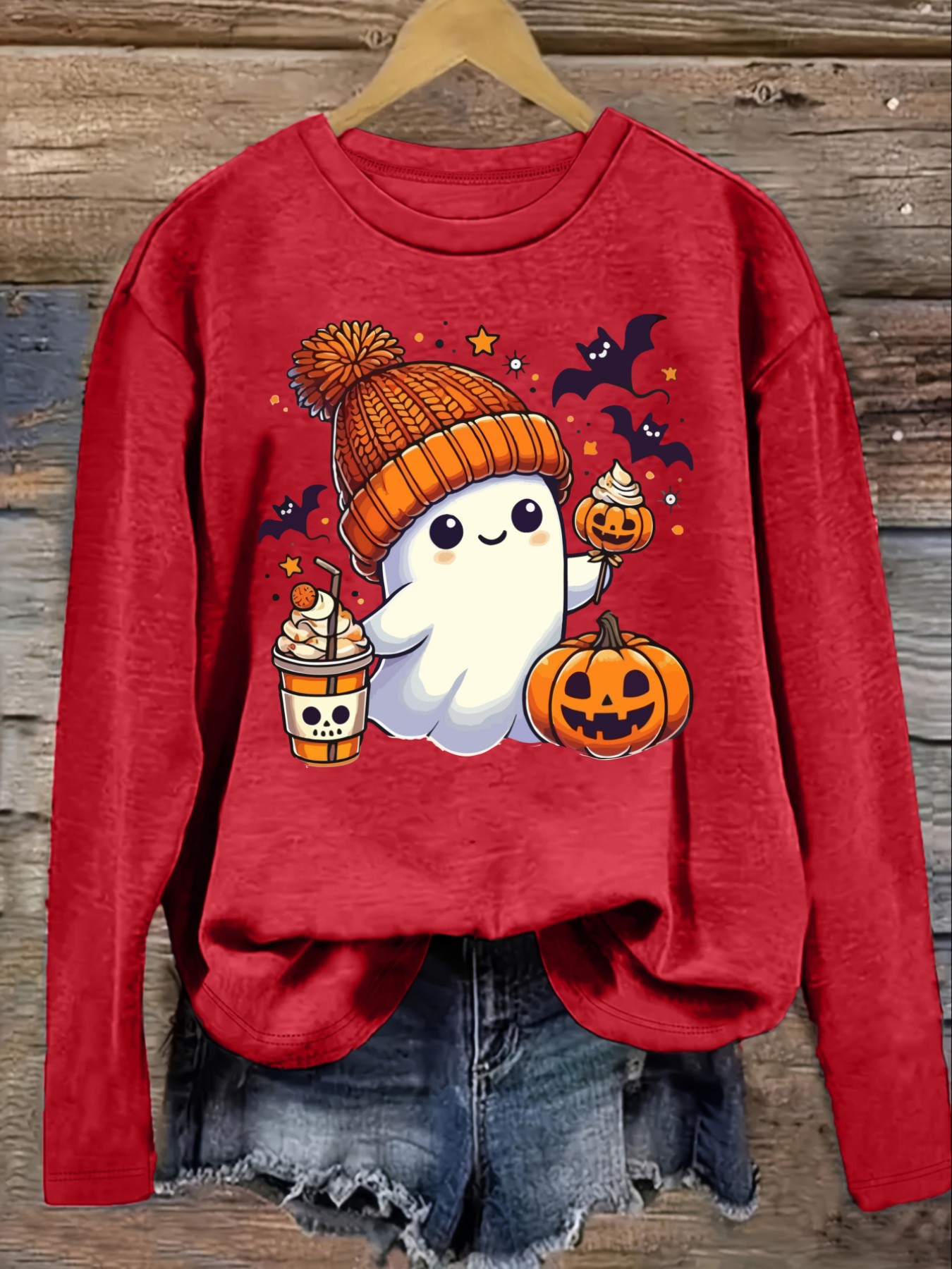 여성용 캐주얼 긴소매 크루넥 티셔츠, 귀여운 유령 할로 - Halloween Costume Adult 리뷰 및 가격