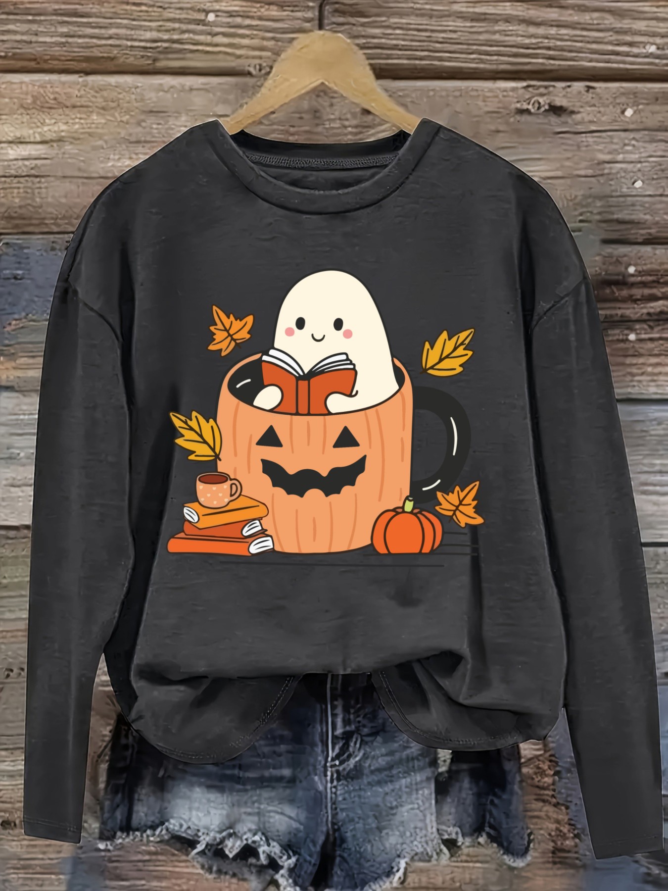 여성용 캐주얼 긴소매 크루넥 티셔츠, 귀여운 유령이 호 - Halloween Costume Adult 리뷰 및 가격