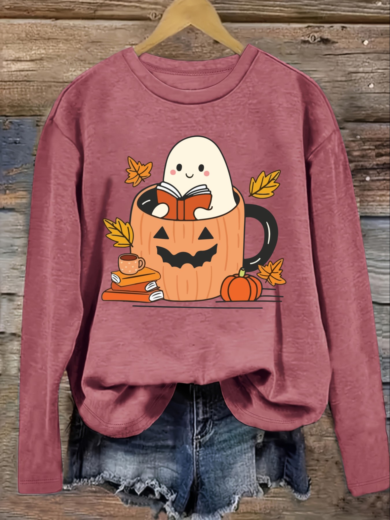 여성용 캐주얼 긴소매 크루넥 티셔츠, 귀여운 유령이 호 - Halloween Costume Adult 리뷰 및 가격